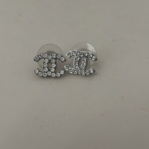 Chanel Silver Crystal Logo Earrings
